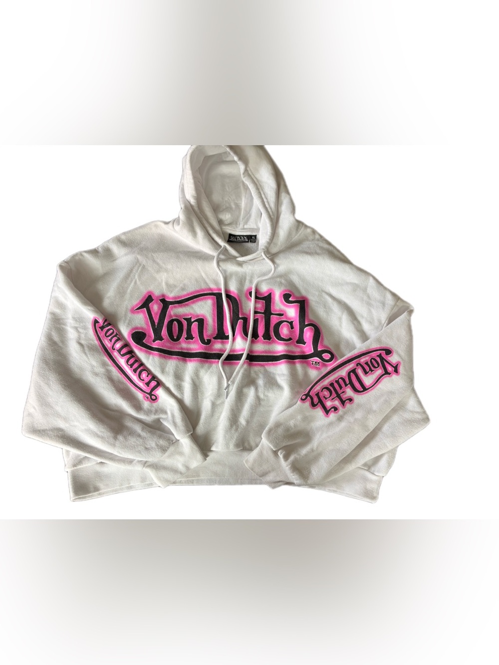 Y2K Style Von Dutch Pink White Graffiti Logo Crop Hoodie XL Oversized Boxy Fit